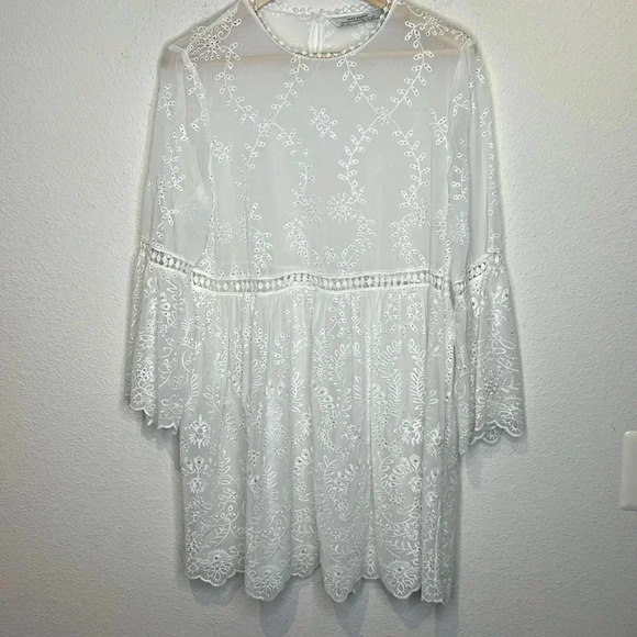 Zara chiffon bright white lace dress size Large - Picture 1 of 5